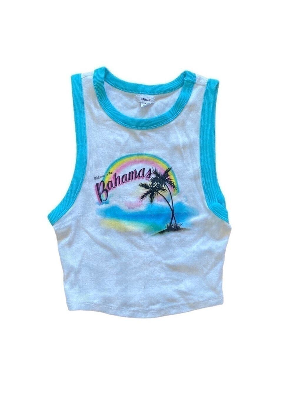 2/$10 Garage White Bahamas Graphic Cropped Tank XS